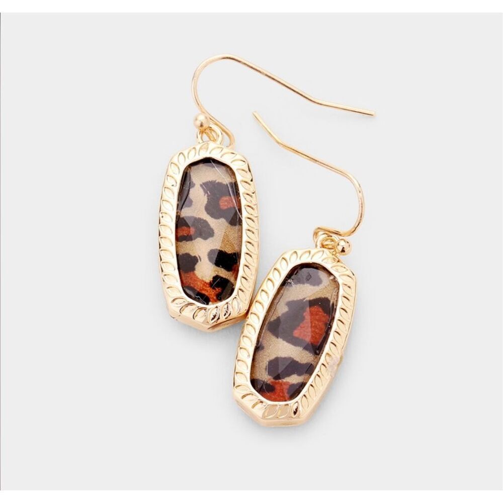 New Womens Animal Print Stone Hexagon Dangle Earrings in Gold